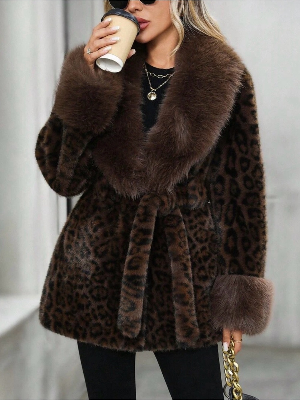 Women's Brown Leopard Faux Fur Coat with Plush Collar